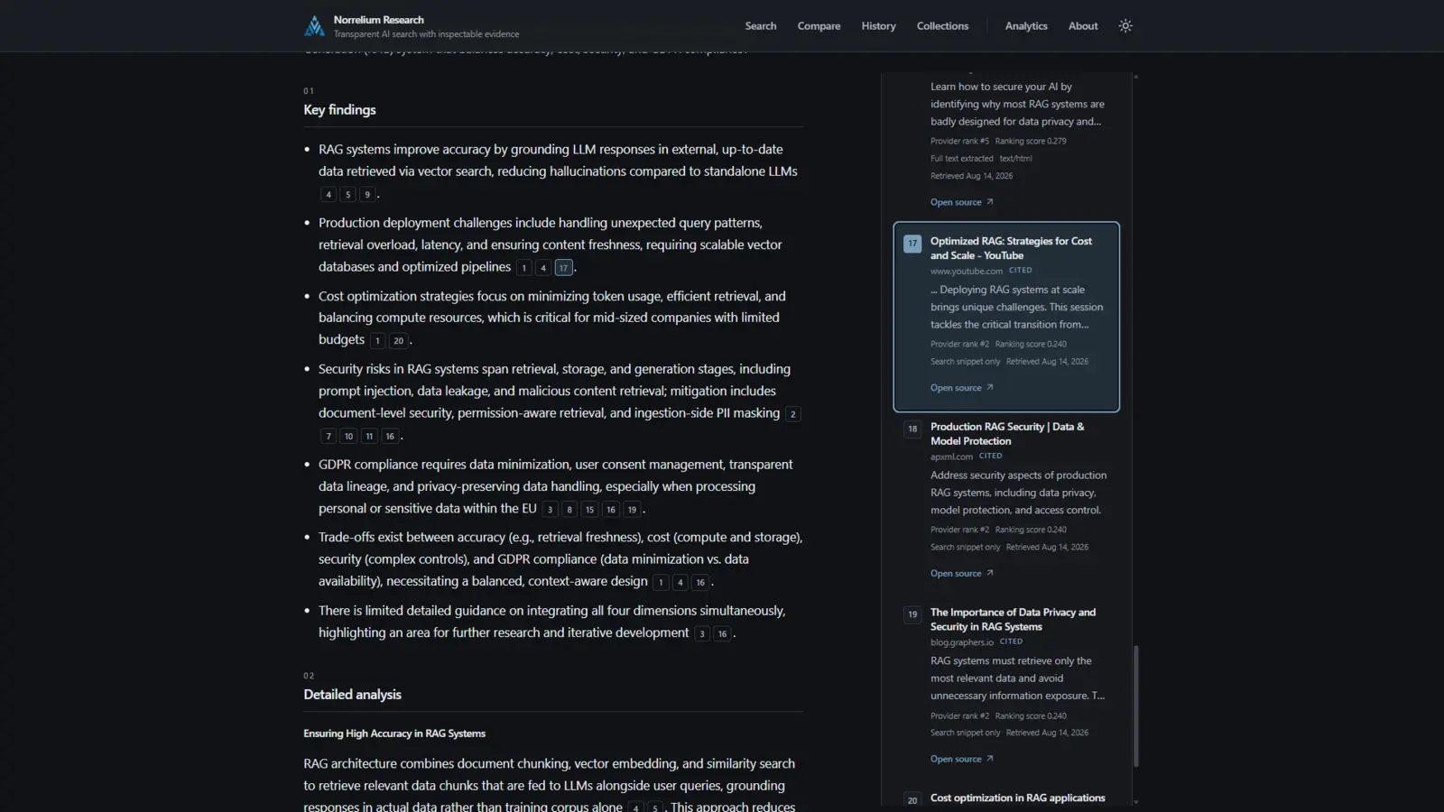 Deep Research findings with inline source markers and the corresponding evidence panel