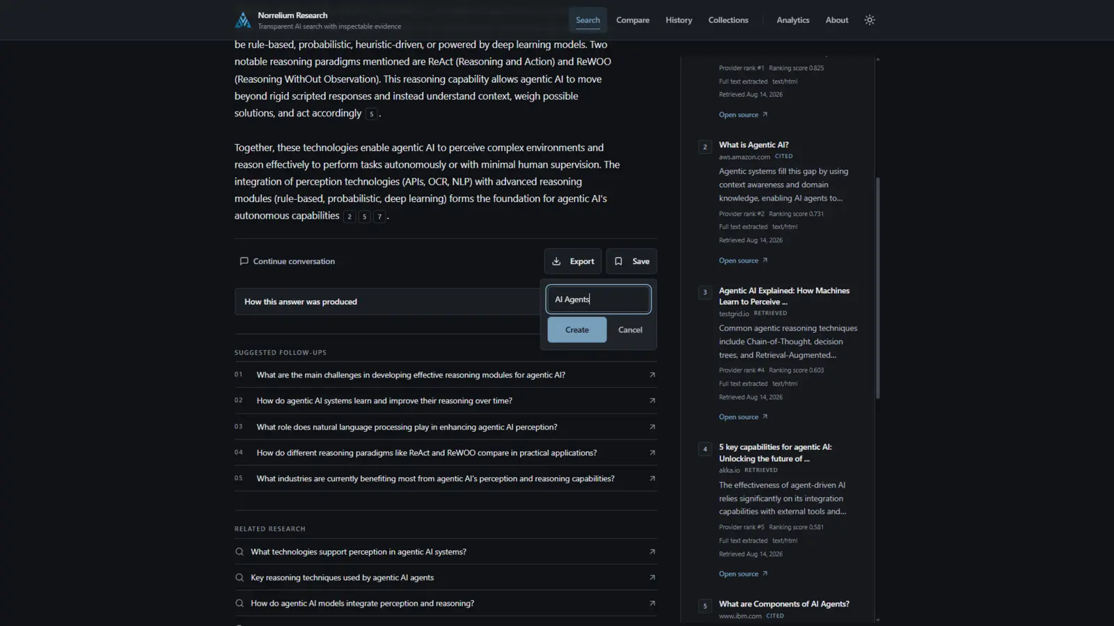 Follow-up suggestions and save-to-collection controls in Norrelium Research