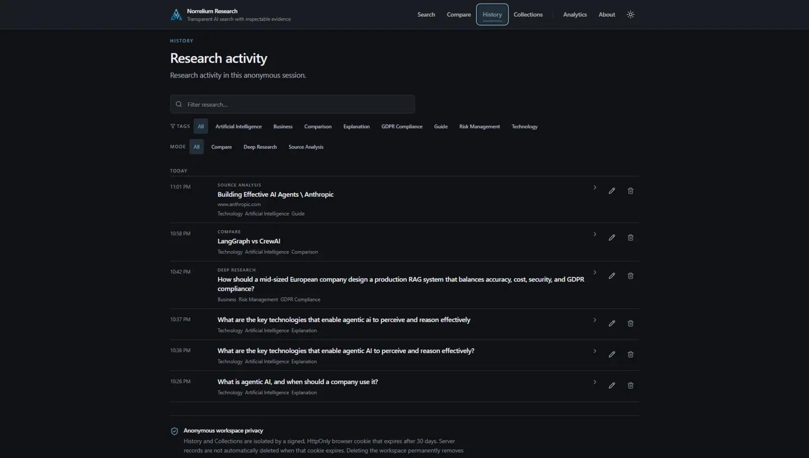 Research History with multiple research modes and topic filters