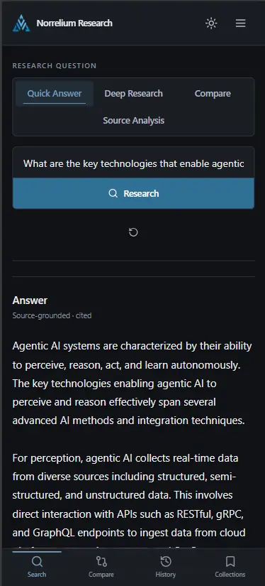 Norrelium Research Quick Answer interface on a mobile viewport