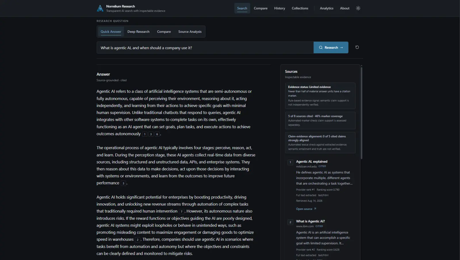 Quick Answer result with inline citations and a ranked source panel