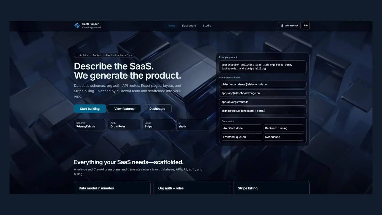 AI-Powered Full-Stack SaaS Builder interface presenting the four-agent product generation workflow